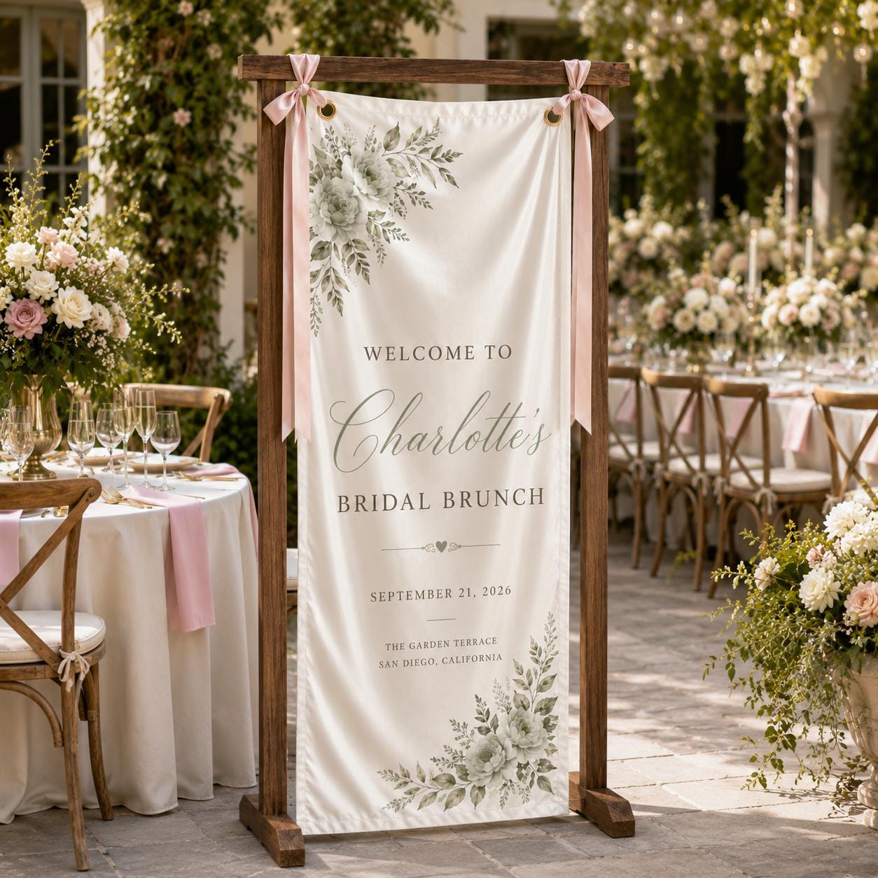 Custom Floral Satin Bridal Brunch Welcome Banner, Personalized Event Signage - product image 8
