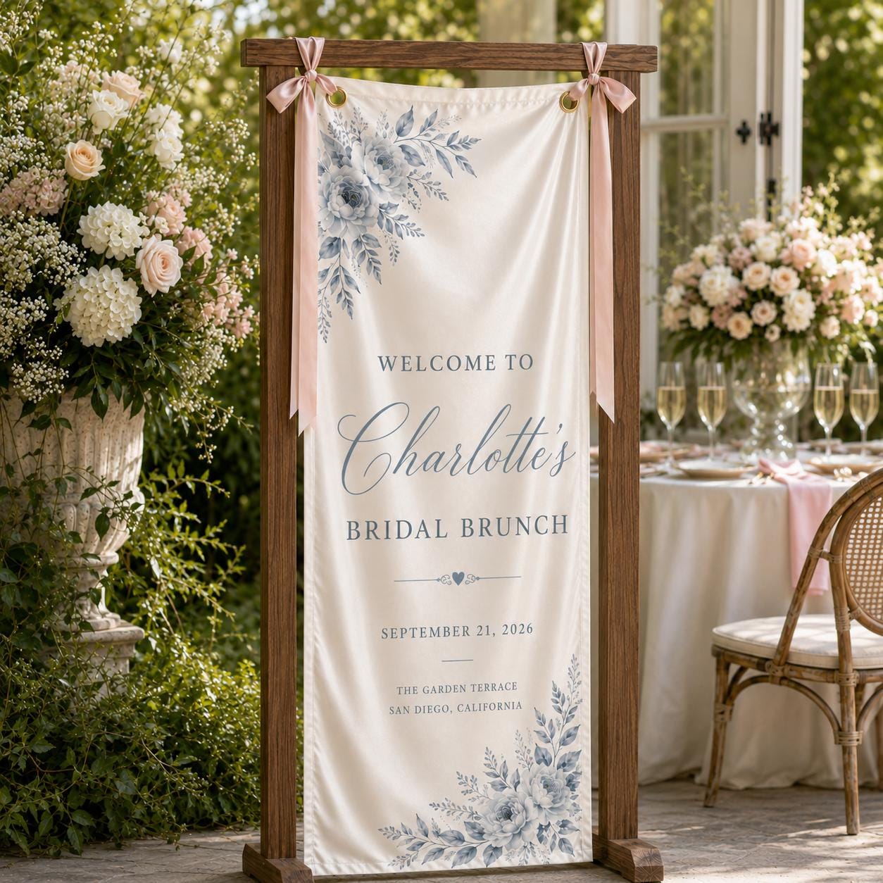 Custom Floral Satin Bridal Brunch Welcome Banner, Personalized Event Signage - product image 1