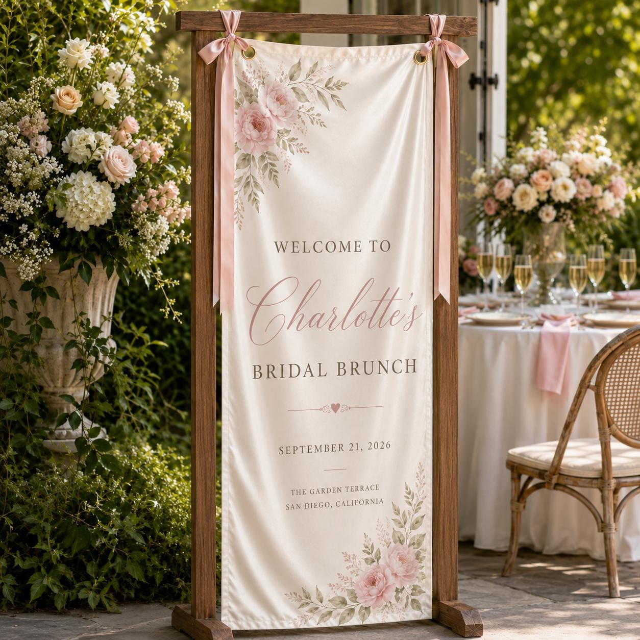 Custom Floral Satin Bridal Brunch Welcome Banner, Personalized Event Signage - product image 9