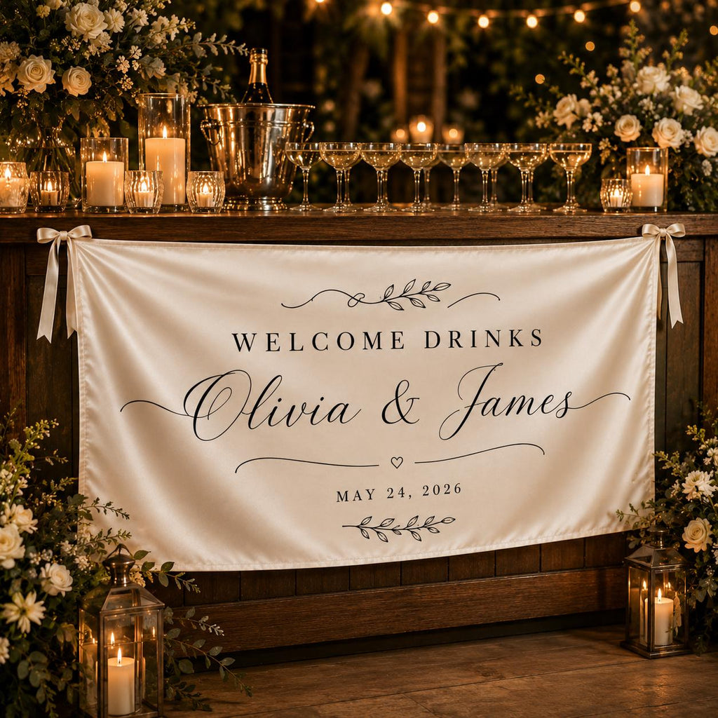 Welcome Drinks Wedding Banner, Custom Fabric Bar Sign, Personalized Satin Reception Table Banner - product image 1