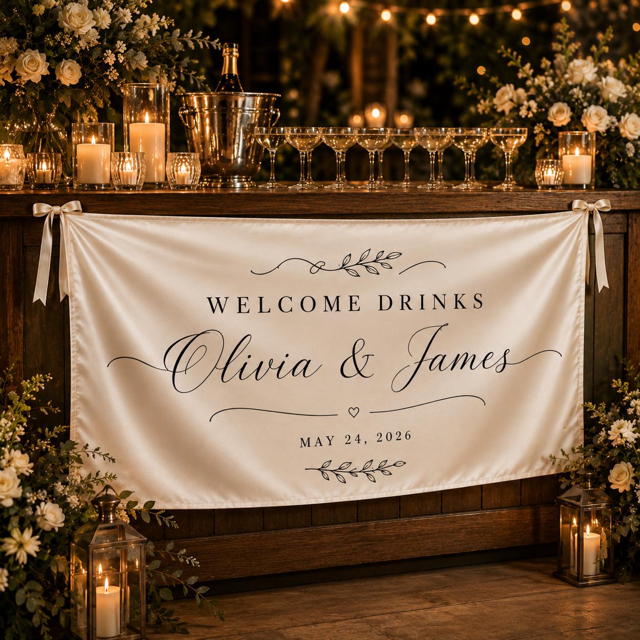 Welcome Drinks Wedding Banner, Custom Fabric Bar Sign, Personalized Satin Reception Table Banner - product image 1