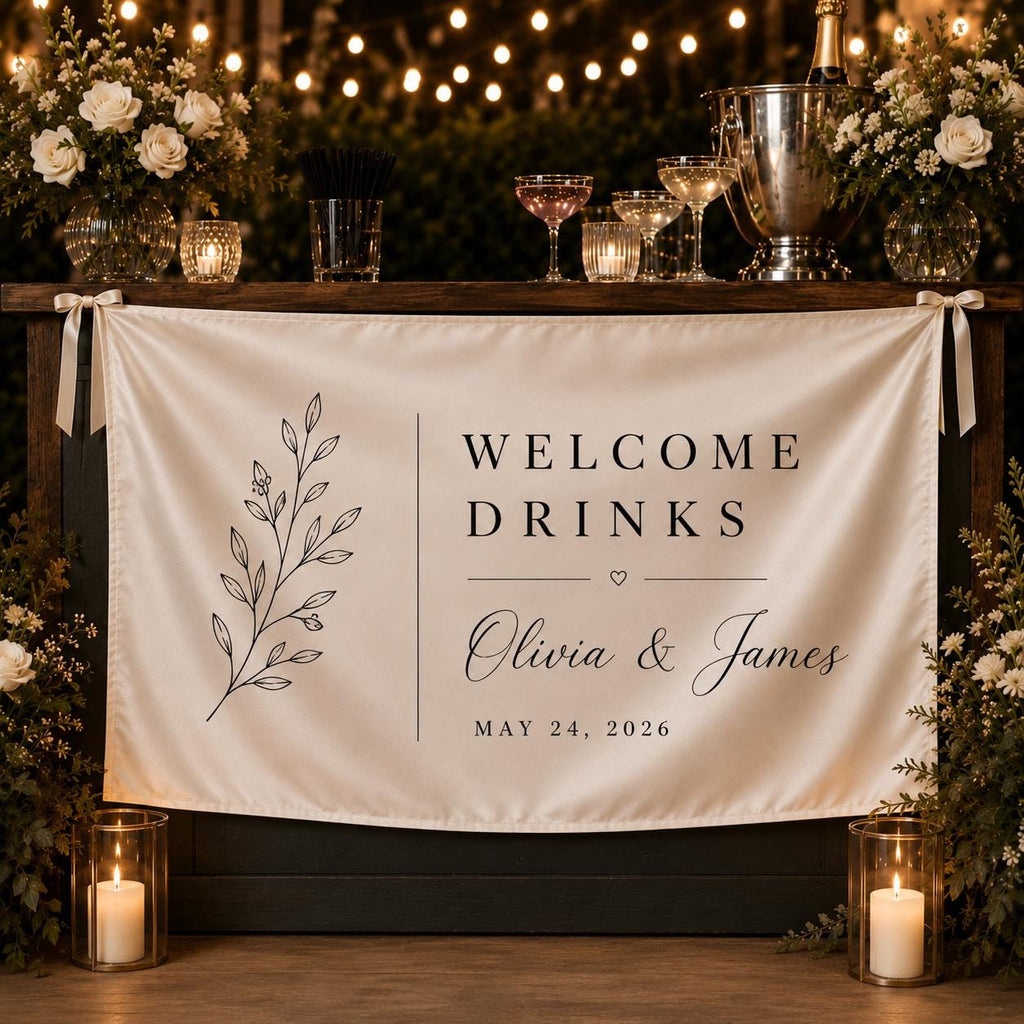 Welcome Drinks Wedding Banner, Custom Fabric Bar Sign, Personalized Satin Reception Table Banner - product image 5
