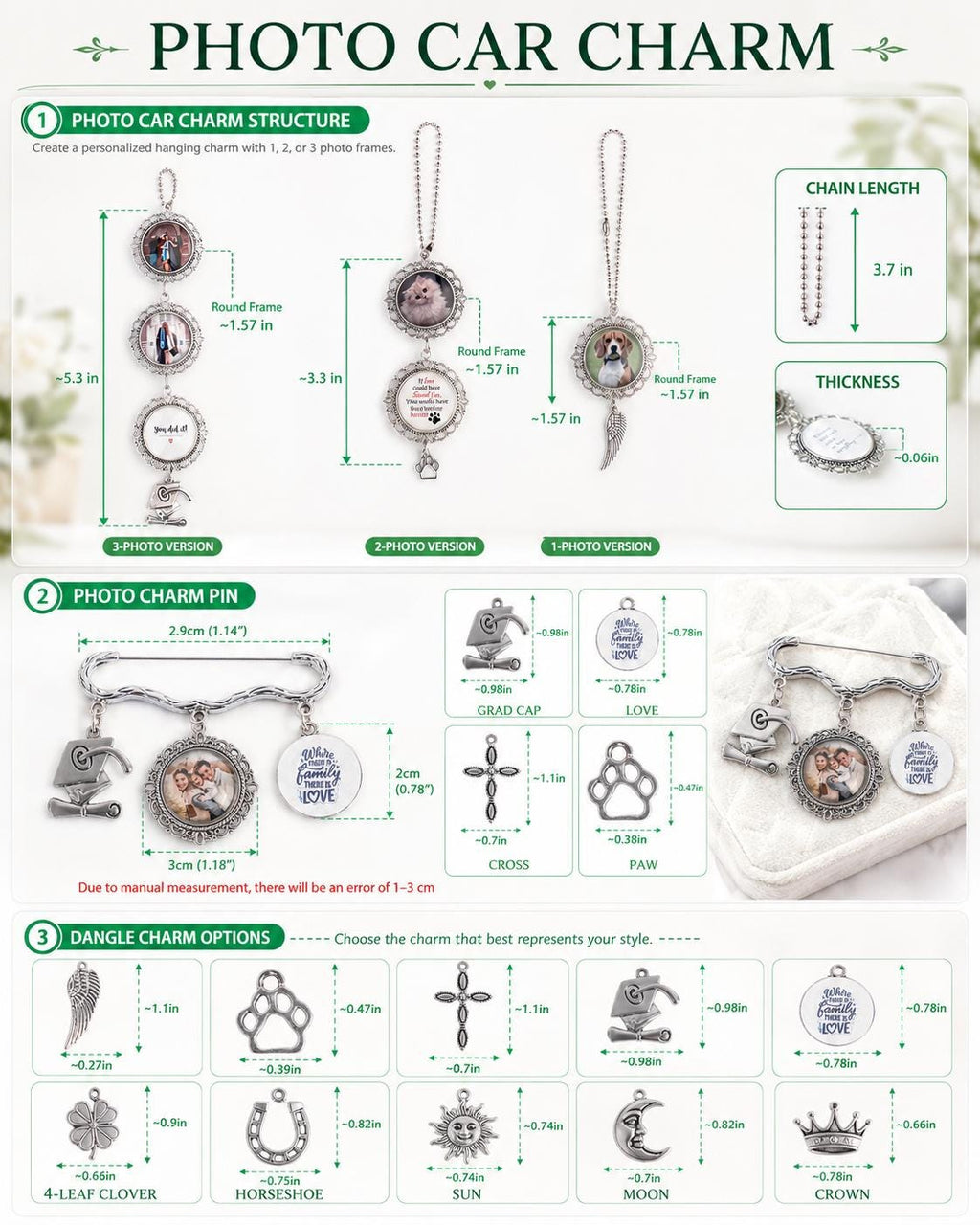 Personalized Memorial Photo Car Charm, Vintage Floral Frame, Wing Dangle - product image 3