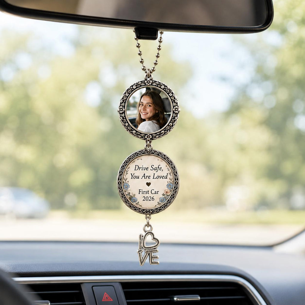 Custom Photo Car Charm, Drive Safe Rearview Mirror Keepsake, First Car Gift - product image 1