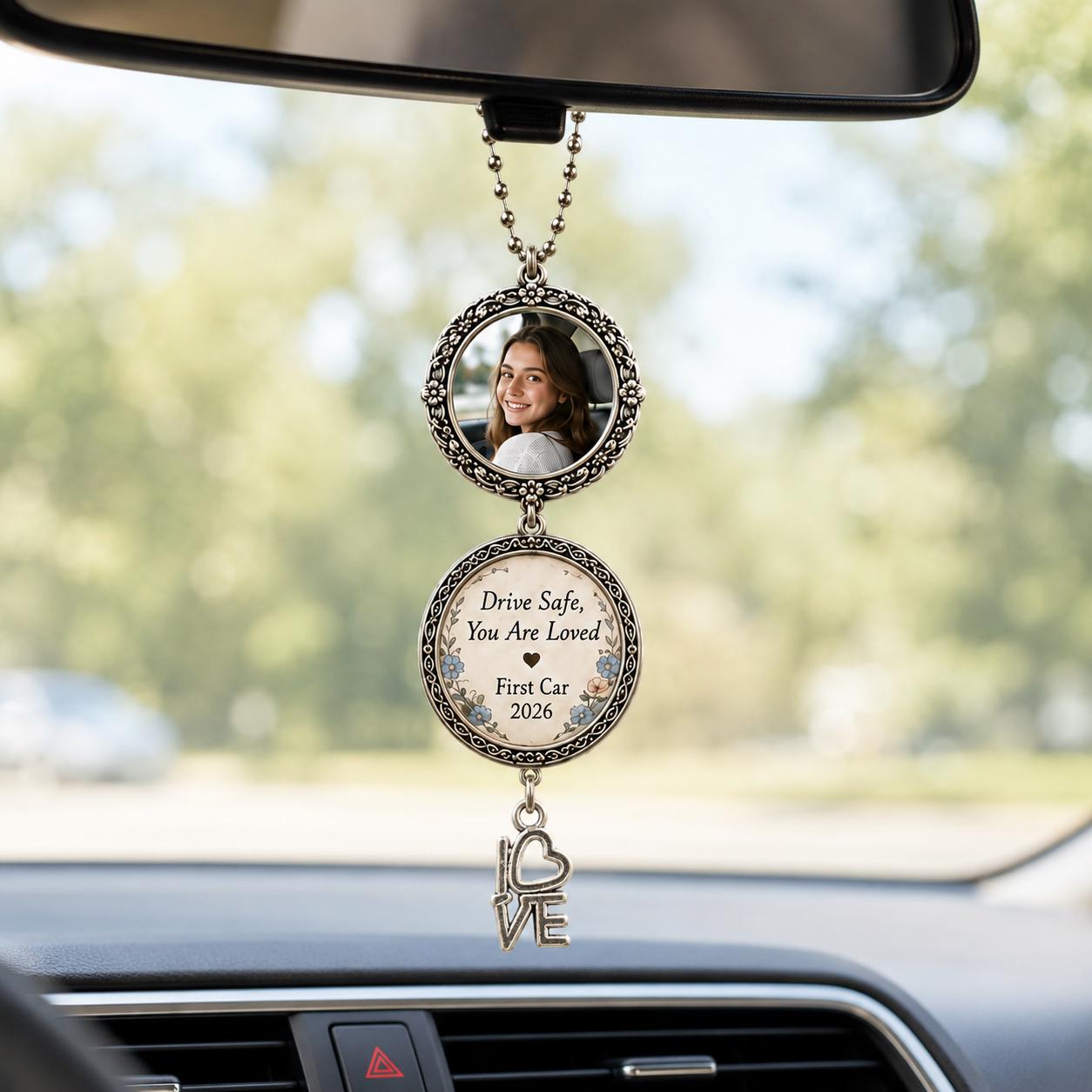 Custom Photo Car Charm, Drive Safe Rearview Mirror Keepsake, First Car Gift - product image 1