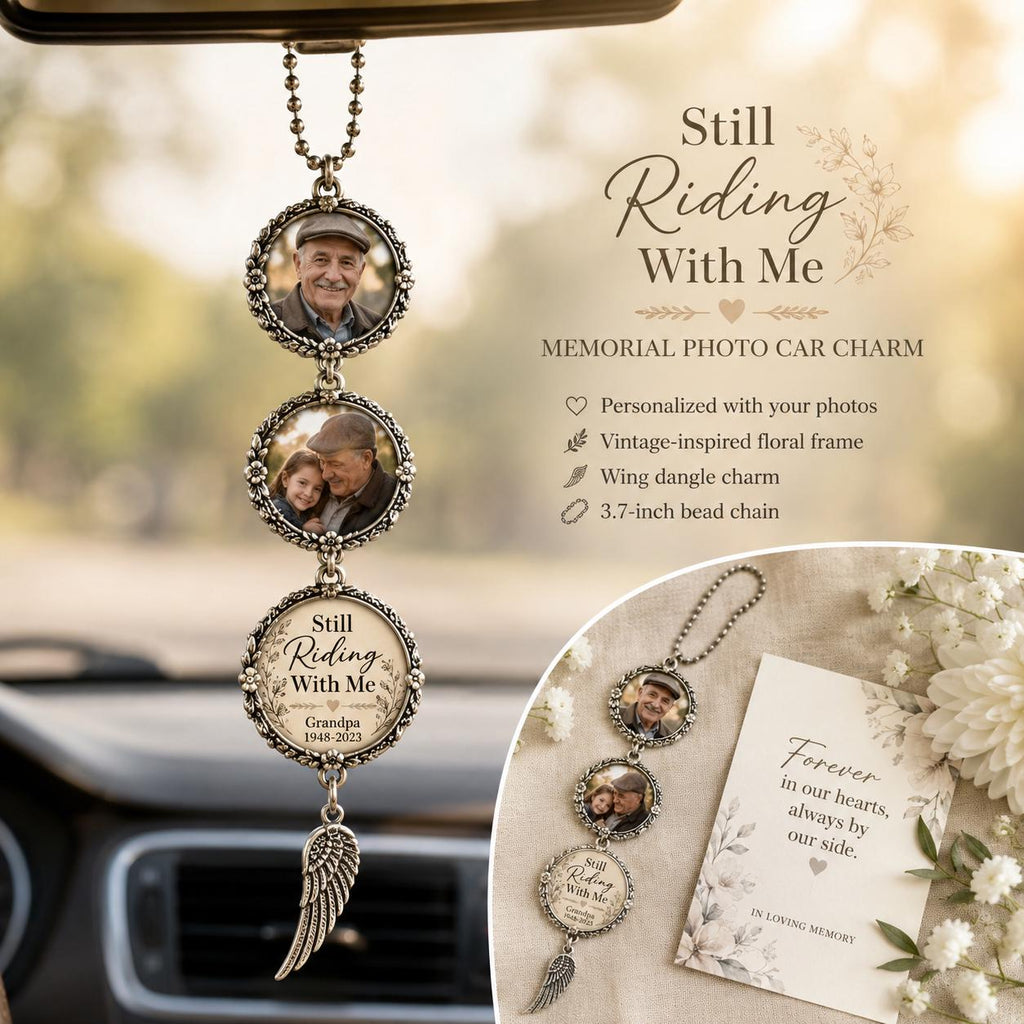 Personalized Memorial Photo Car Charm, Vintage Floral Frame, Wing Dangle - product image 1