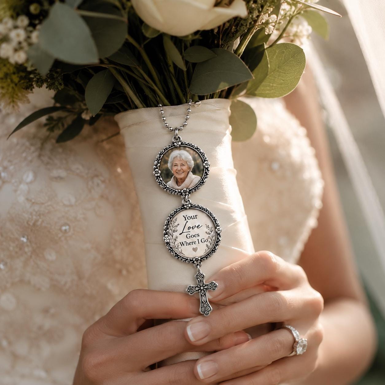Personalized Memorial Photo Car Charm, Vintage Floral Frame, Wing Dangle - product image 7