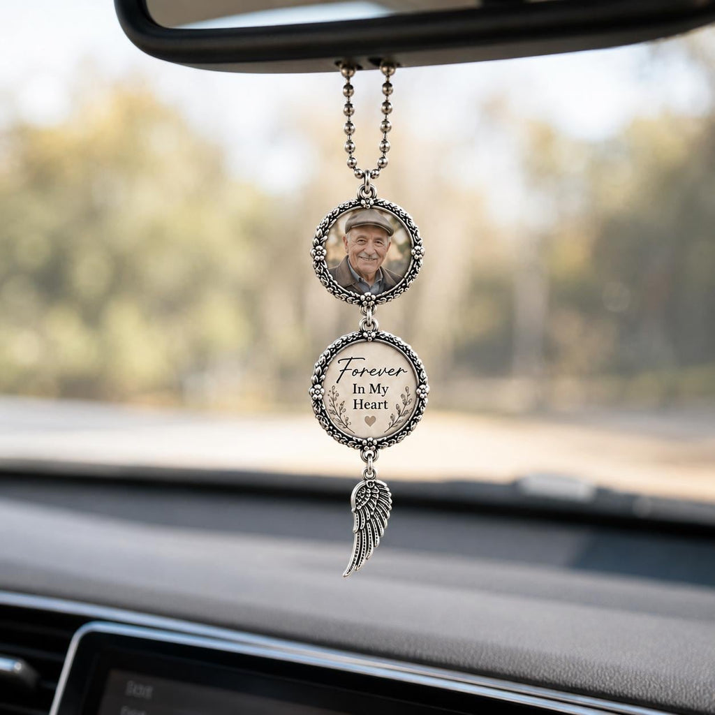 Personalized Memorial Photo Car Charm, Vintage Floral Frame, Wing Dangle - product image 10