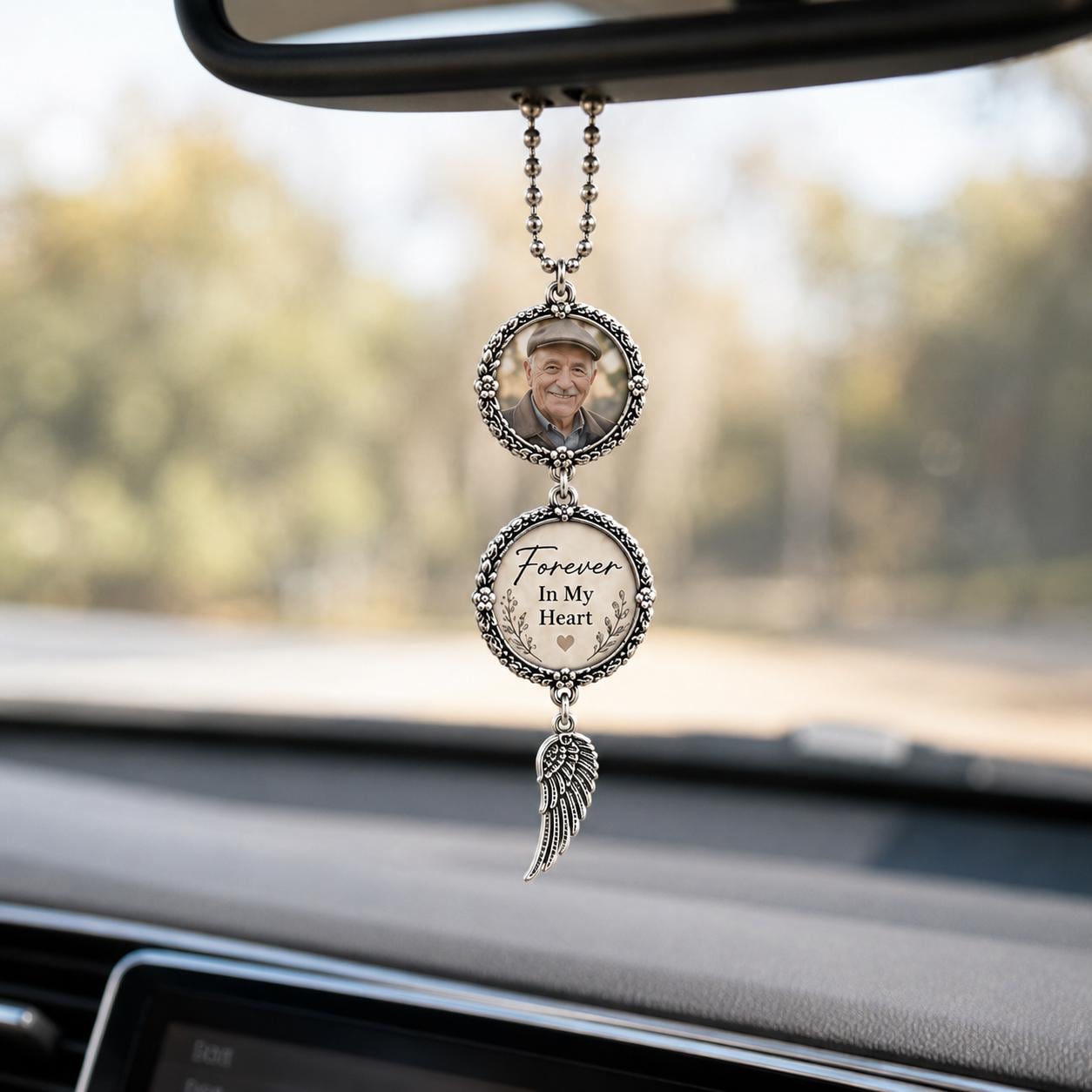 Personalized Memorial Photo Car Charm, Vintage Floral Frame, Wing Dangle - product image 10