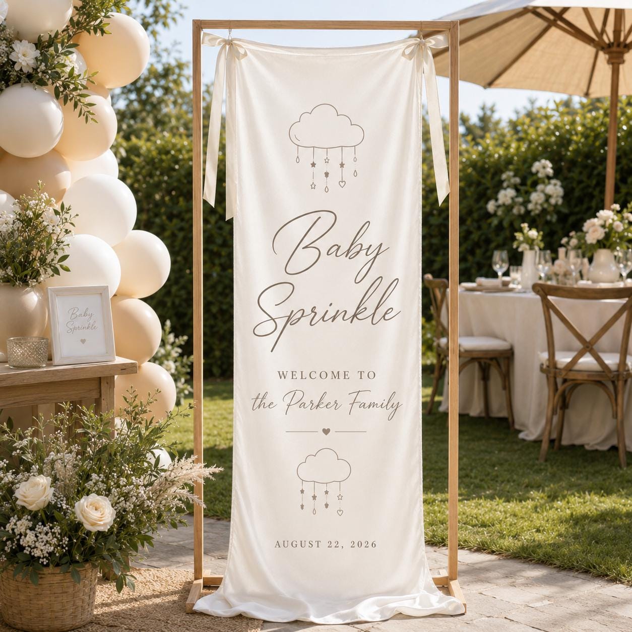 Personalized Baby Sprinkle Welcome Banner, Neutral Satin Party Sign - product image 8
