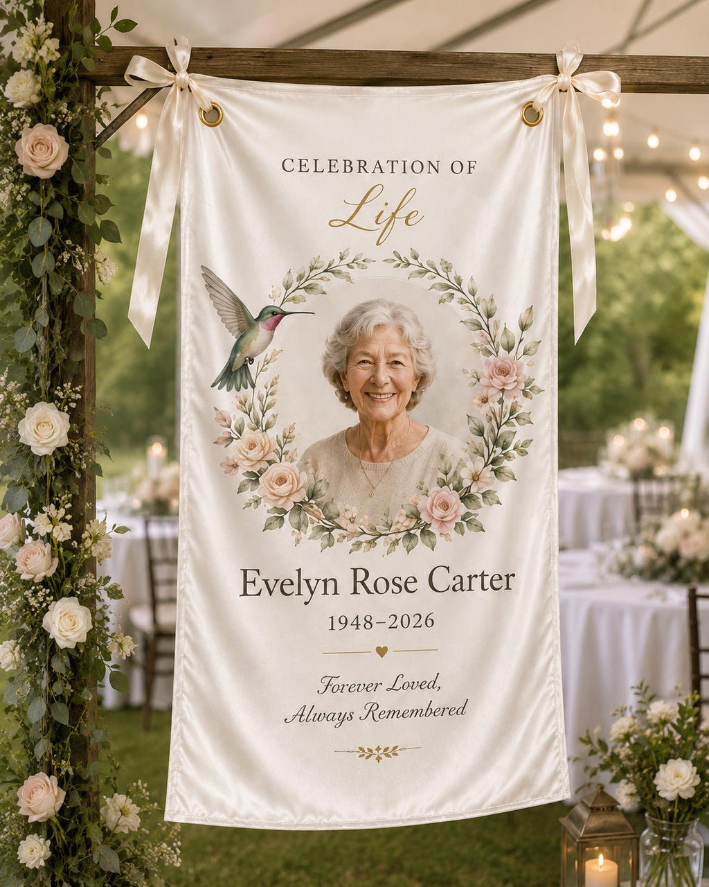 Memorial Photo Banner, Personalized Celebration of Life Fabric Sign, Custom Satin Remembrance Banner - product image 6
