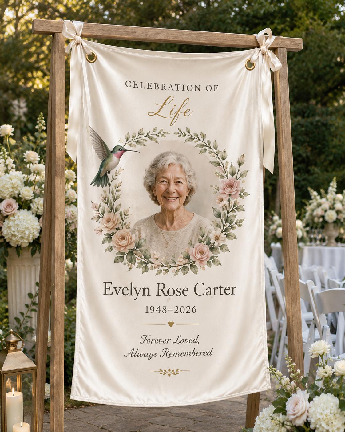 Memorial Photo Banner, Personalized Celebration of Life Fabric Sign, Custom Satin Remembrance Banner - product image 7