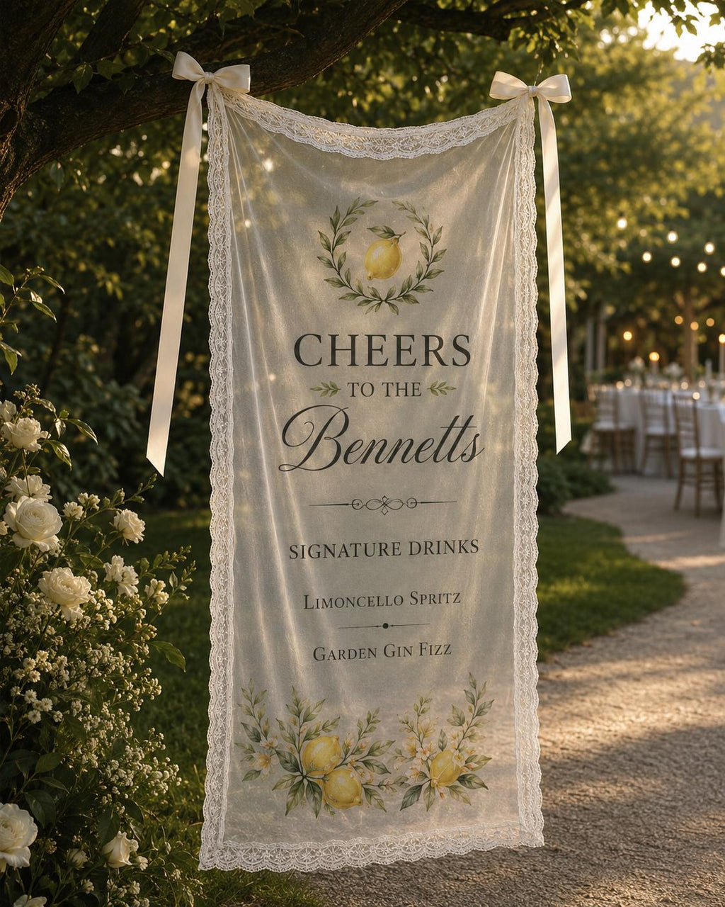 Lace Signature Drinks Banner, Personalized Sheer Bar Sign, Custom Wedding Cocktail Decor - product image 10