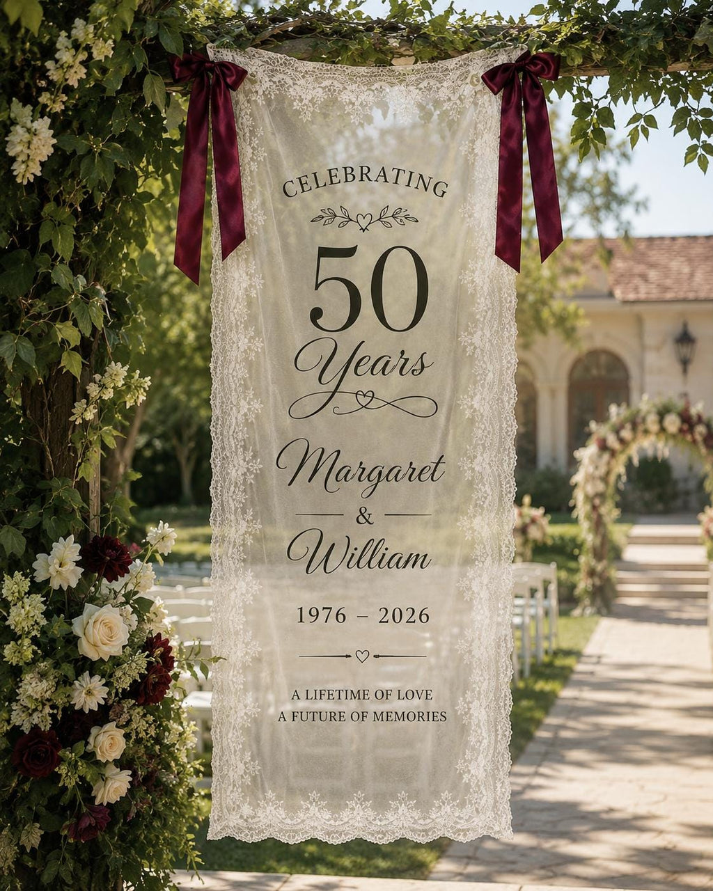 Anniversary Lace Banner, Personalized Sheer Anniversary Sign, Custom 25th 40th 50th Wedding Decor - product image 10