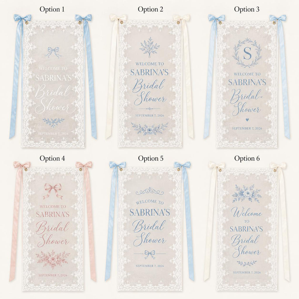 Bridal Shower Lace Banner, Personalized Sheer Welcome Sign, Custom Blue Bow Bridal Party Decor - product image 2