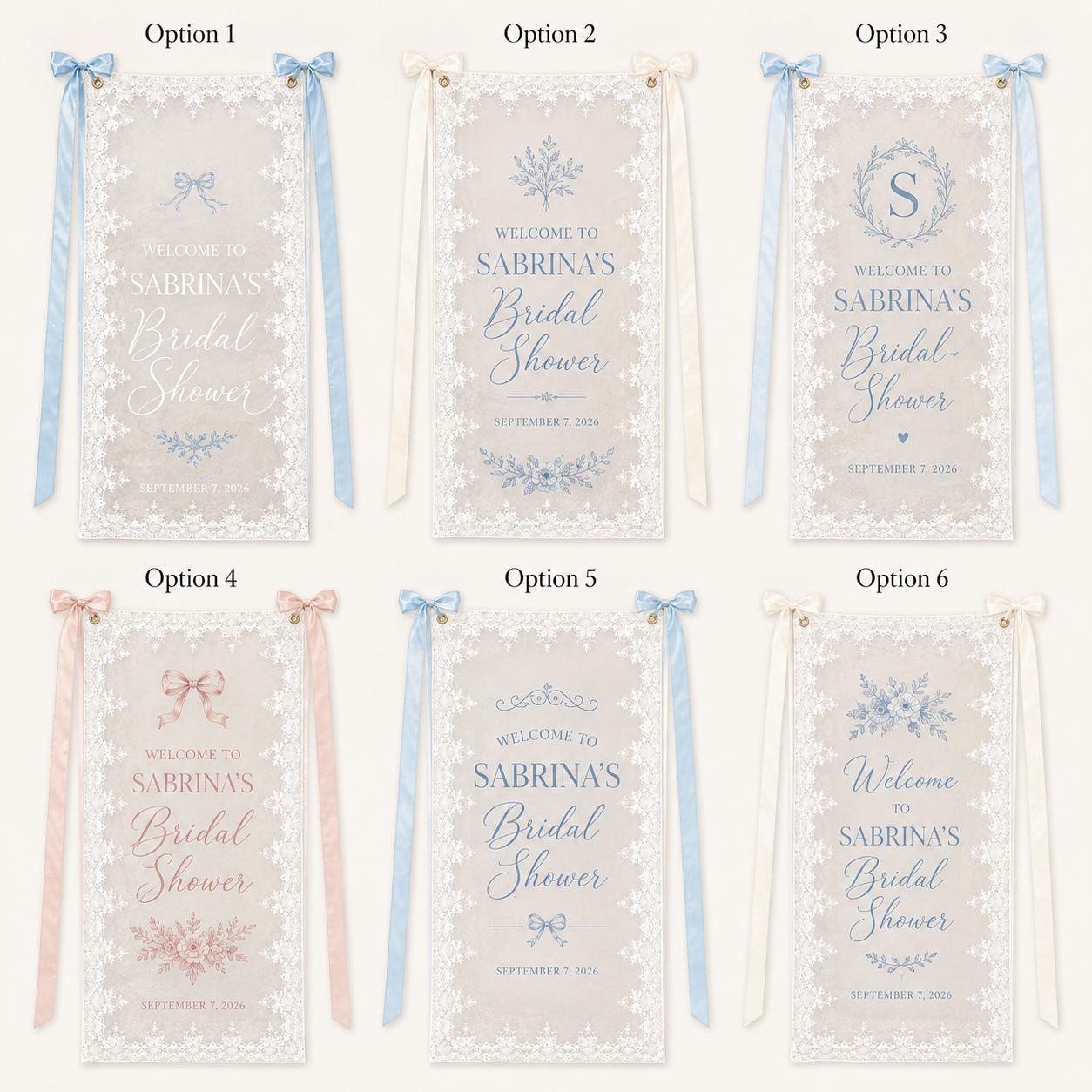 Bridal Shower Lace Banner, Personalized Sheer Welcome Sign, Custom Blue Bow Bridal Party Decor - product image 2