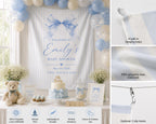 Baby Shower Linen Tapestry, Personalized Baby Backdrop Banner, Custom Blue Bow Welcome Sign – product photo 4