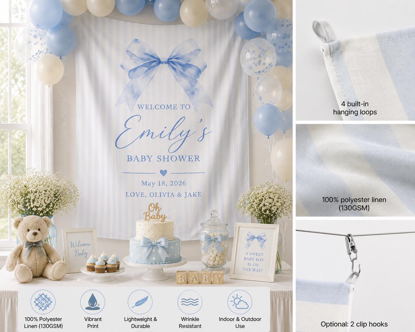 Baby Shower Linen Tapestry, Personalized Baby Backdrop Banner, Custom Blue Bow Welcome Sign - product image 4