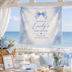 Baby Shower Linen Tapestry, Personalized Baby Backdrop Banner, Custom Blue Bow Welcome Sign – product photo 5