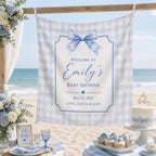 Baby Shower Linen Tapestry, Personalized Baby Backdrop Banner, Custom Blue Bow Welcome Sign – main product view
