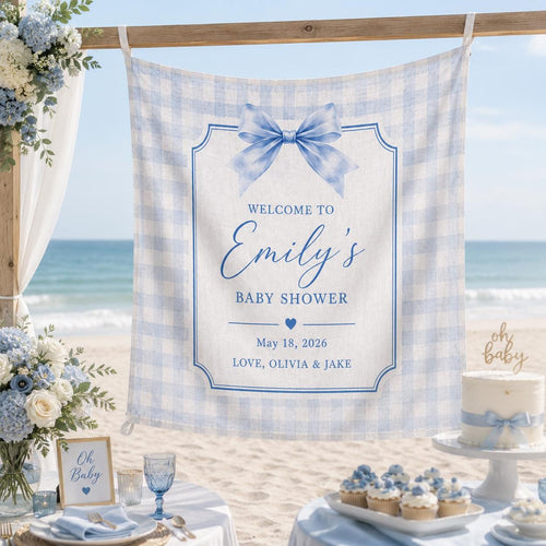 Baby Shower Linen Tapestry, Personalized Baby Backdrop Banner, Custom Blue Bow Welcome Sign - product image 1