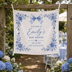 Baby Shower Linen Tapestry, Personalized Baby Backdrop Banner, Custom Blue Bow Welcome Sign – product photo 10