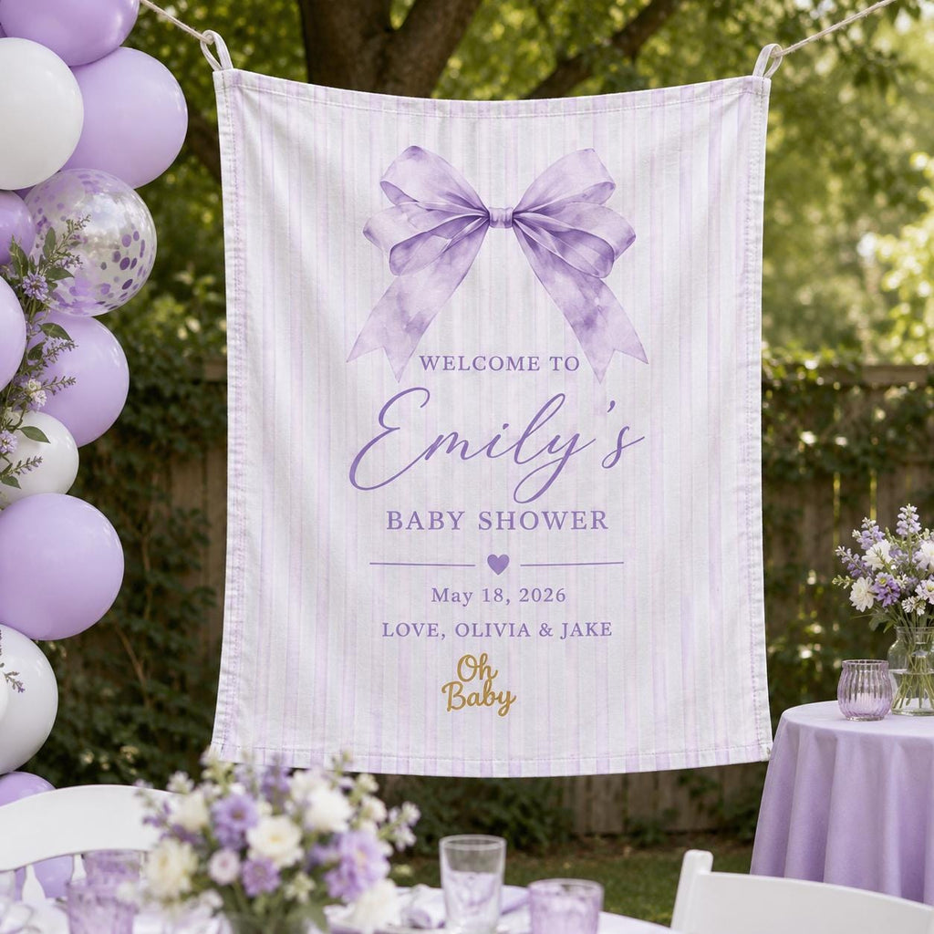 Baby Shower Linen Tapestry, Personalized Baby Backdrop Banner, Custom Blue Bow Welcome Sign - product image 4