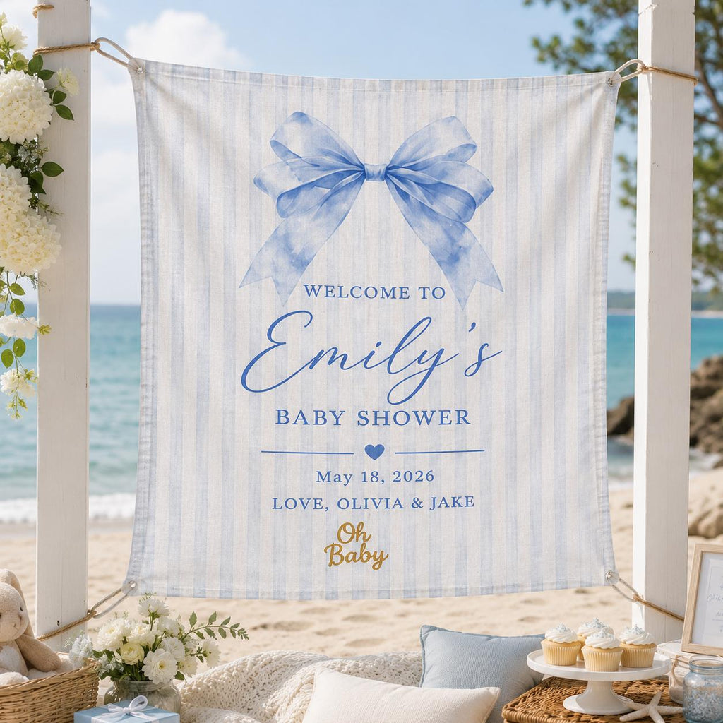 Baby Shower Linen Tapestry, Personalized Baby Backdrop Banner, Custom Blue Bow Welcome Sign - product image 5