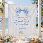 Baby Shower Linen Tapestry, Personalized Baby Backdrop Banner, Custom Blue Bow Welcome Sign – product photo 5