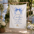 Baby Shower Linen Tapestry, Personalized Baby Backdrop Banner, Custom Blue Bow Welcome Sign – product photo 6
