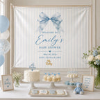 Baby Shower Linen Tapestry, Personalized Baby Backdrop Banner, Custom Blue Bow Welcome Sign – product photo 8