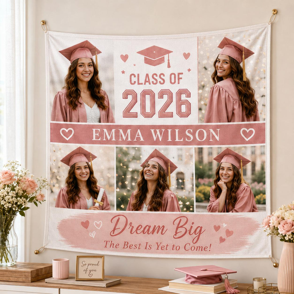 Graduation Photo Collage Linen Tapestry, Personalized Class of 2026 Backdrop, Custom Senior Party Banner - product image 1