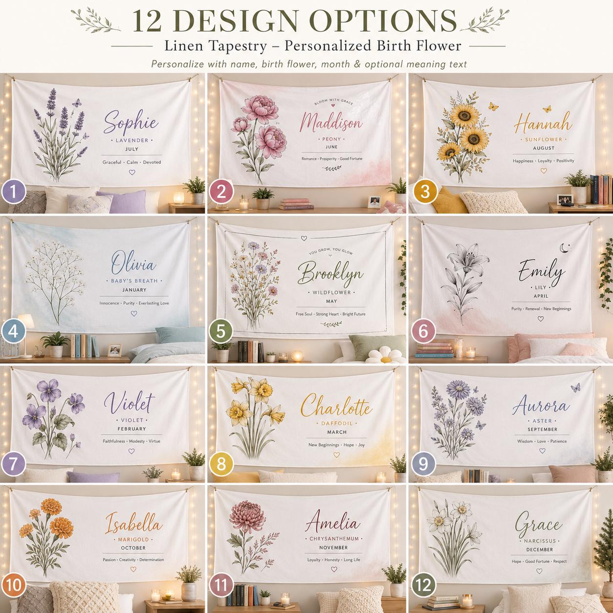 Personalized Birth Flower Linen Tapestry, Custom Name Floral Wall Hanging, Dorm Room Decor Gift - product image 2