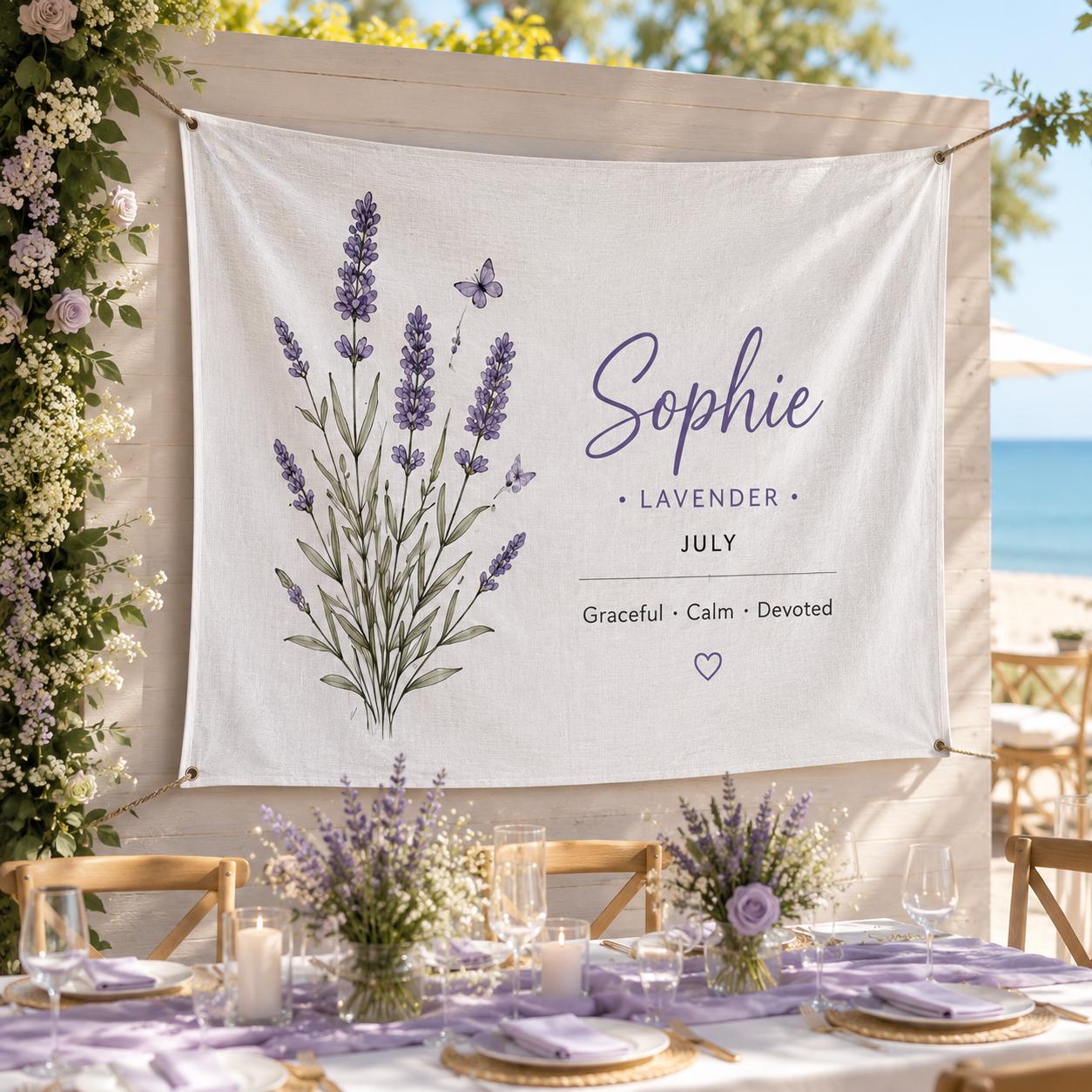 Personalized Birth Flower Linen Tapestry, Custom Name Floral Wall Hanging, Dorm Room Decor Gift - product image 1