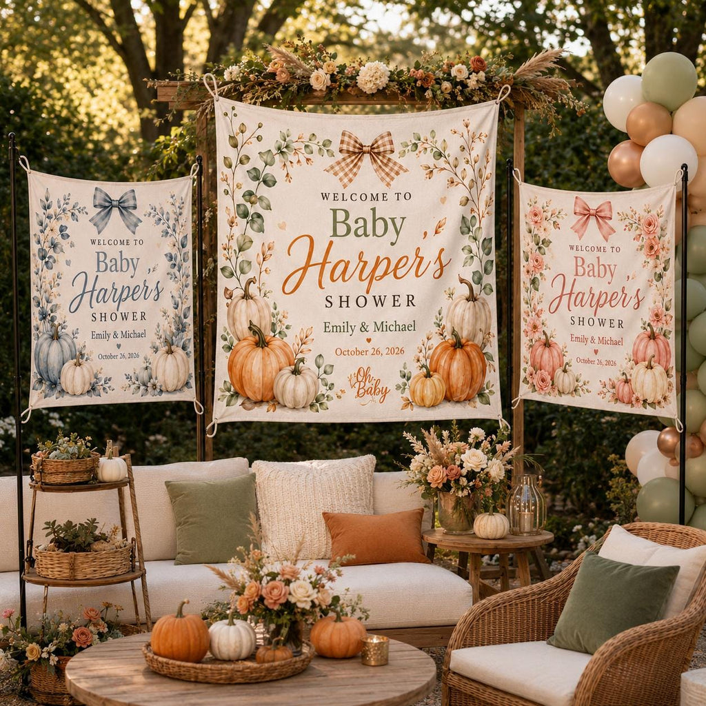 Personalized Fall Baby Shower Linen Tapestry, Pumpkin Backdrop Banner - product image 7
