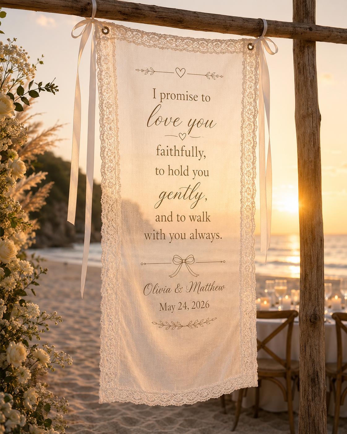 Wedding Vows Lace Banner, Personalized Sheer Ceremony Sign, Custom Romantic Vow Decor - product image 9