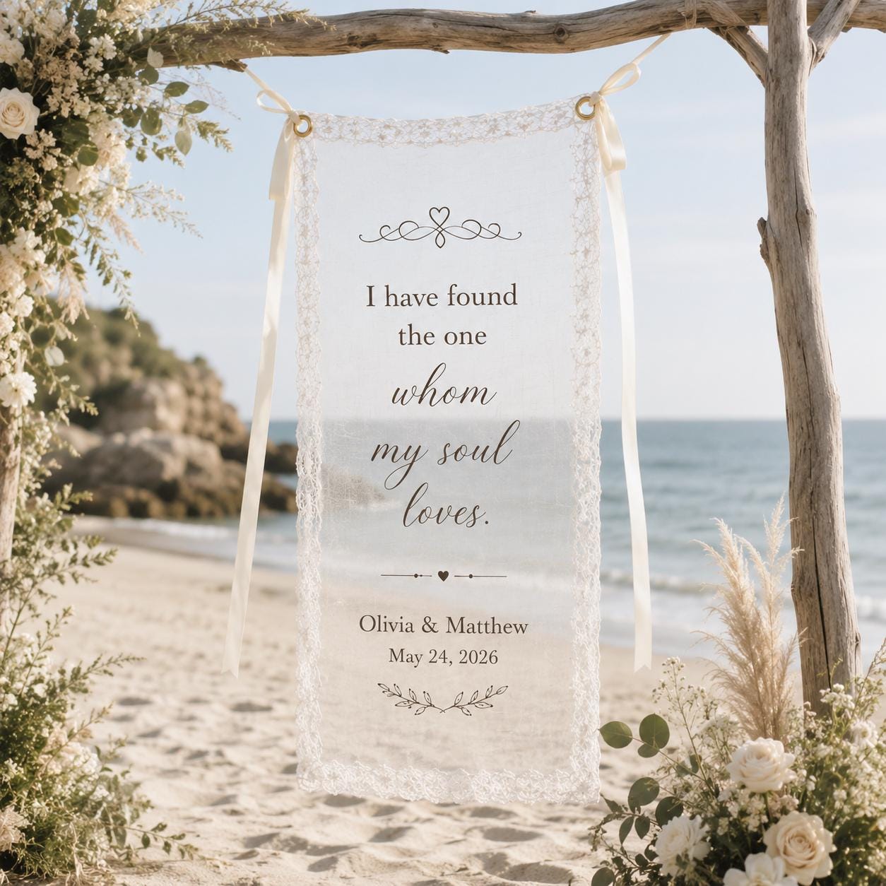 Wedding Vow Lace Banner, Personalized Sheer Ceremony Sign, Custom Romantic Wedding Quote Decor - product image 1