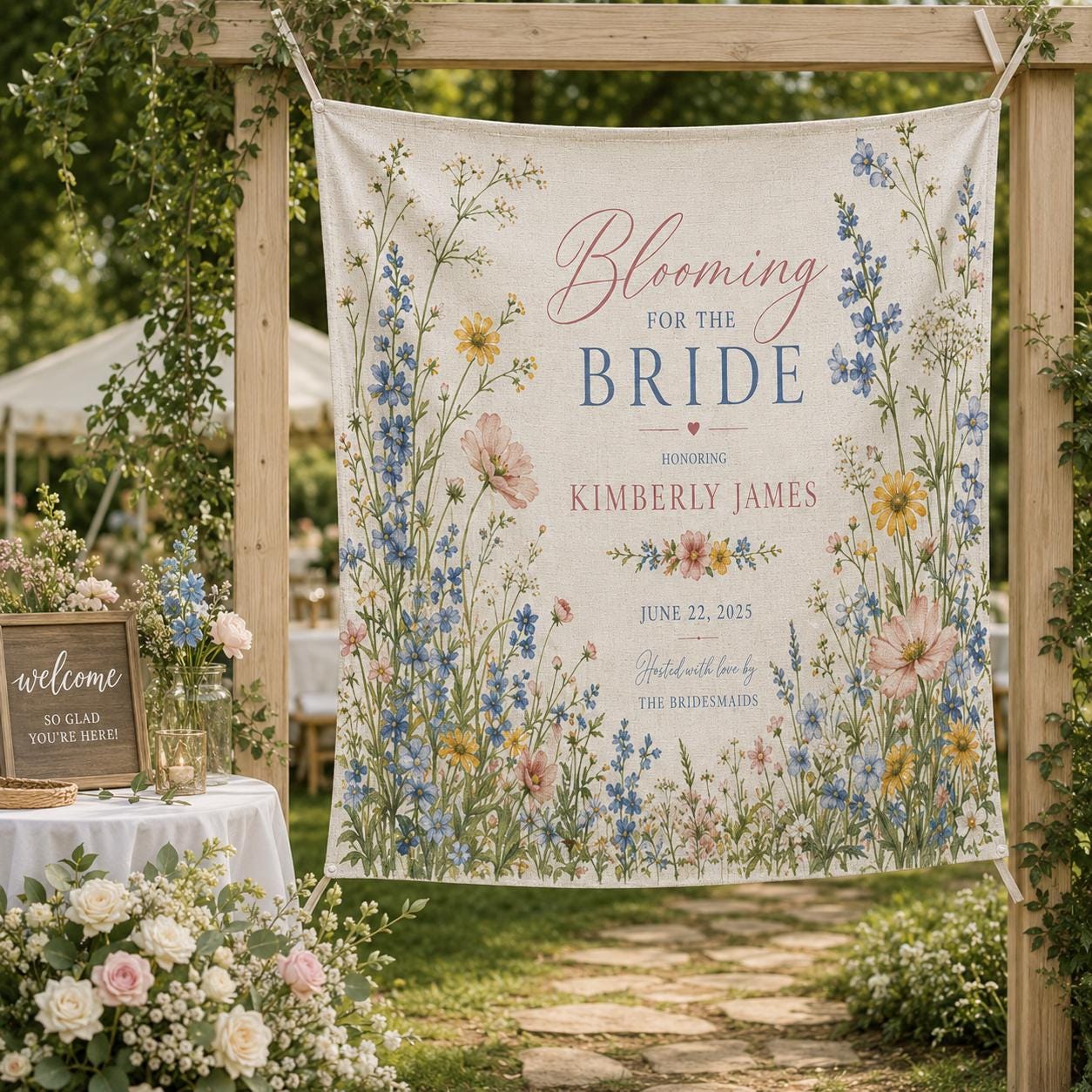 Wildflower Bridal Shower Linen Tapestry, Personalized Blooming For The Bride Backdrop, Custom Garden - product image 10