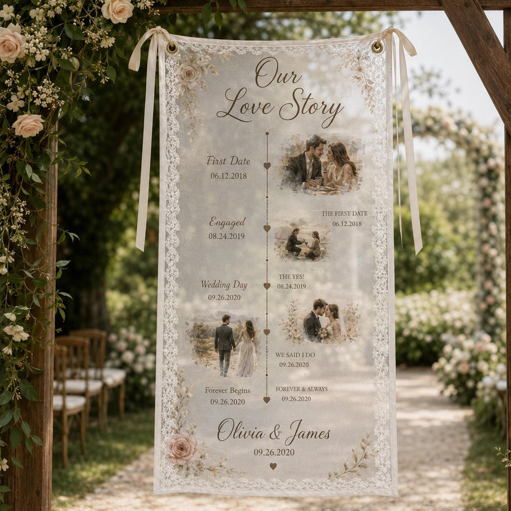 Love Story Lace Banner, Personalized Wedding Timeline Sign, Custom Photo Anniversary Banner - product image 10