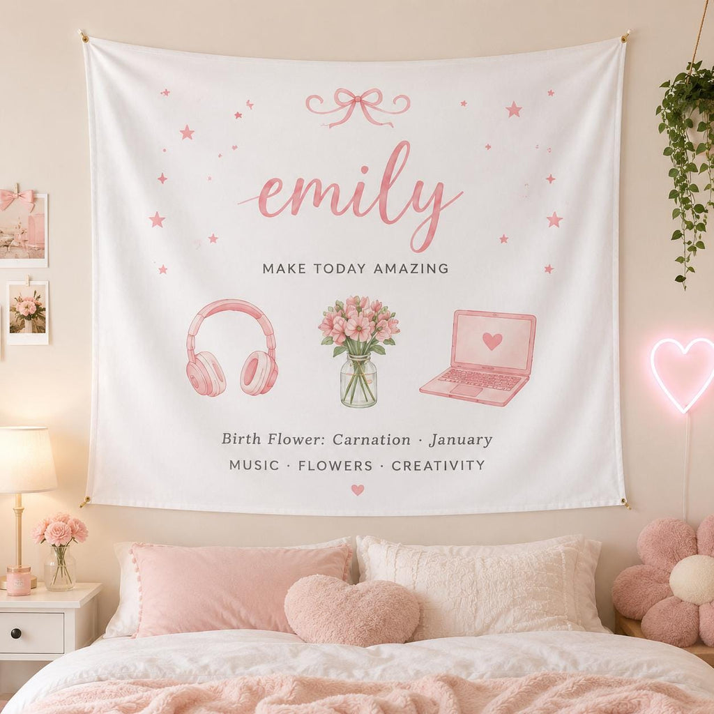 Personalized Name Linen Tapestry, Custom Birth Flower Dorm Room Decor, Teen Girl Wall Hanging - product image 9