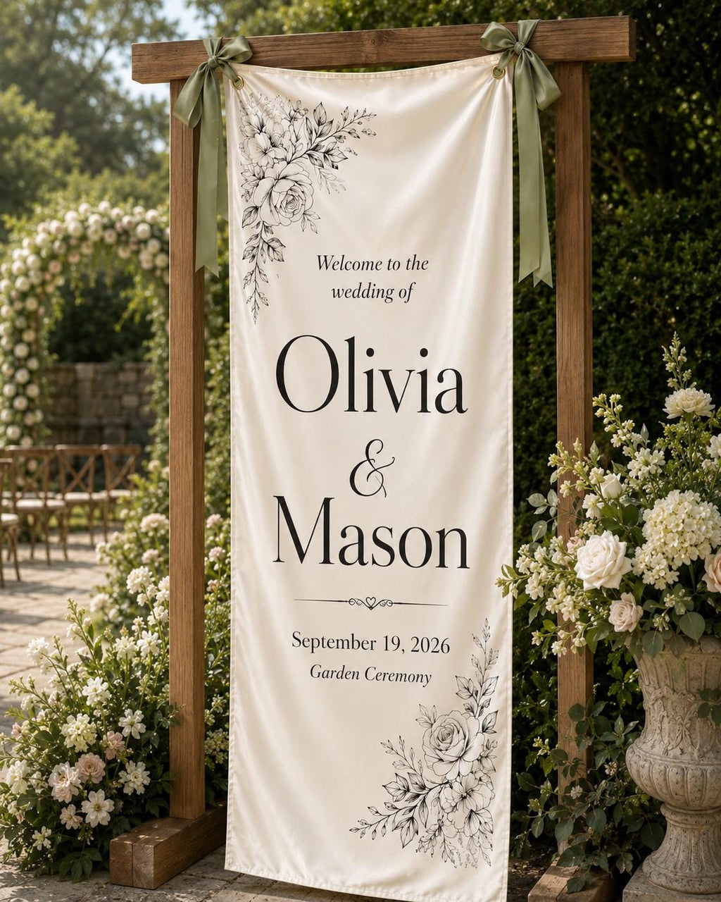 Personalized Wedding Welcome Banner, Floral Satin Ceremony Sign - product image 2