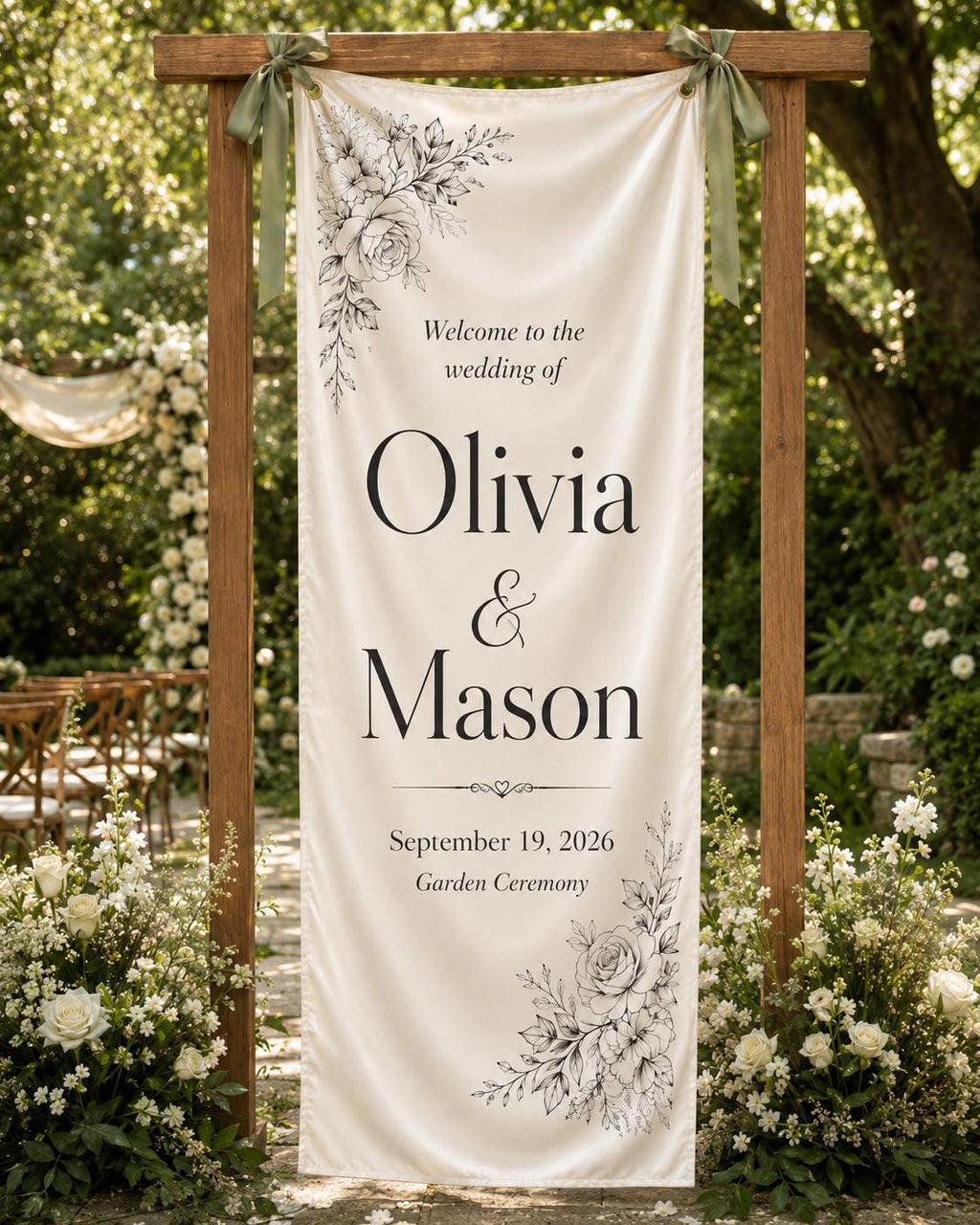 Personalized Wedding Welcome Banner, Floral Satin Ceremony Sign - product image 3