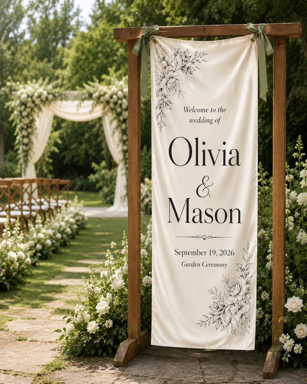 Personalized Wedding Welcome Banner, Floral Satin Ceremony Sign - product image 9