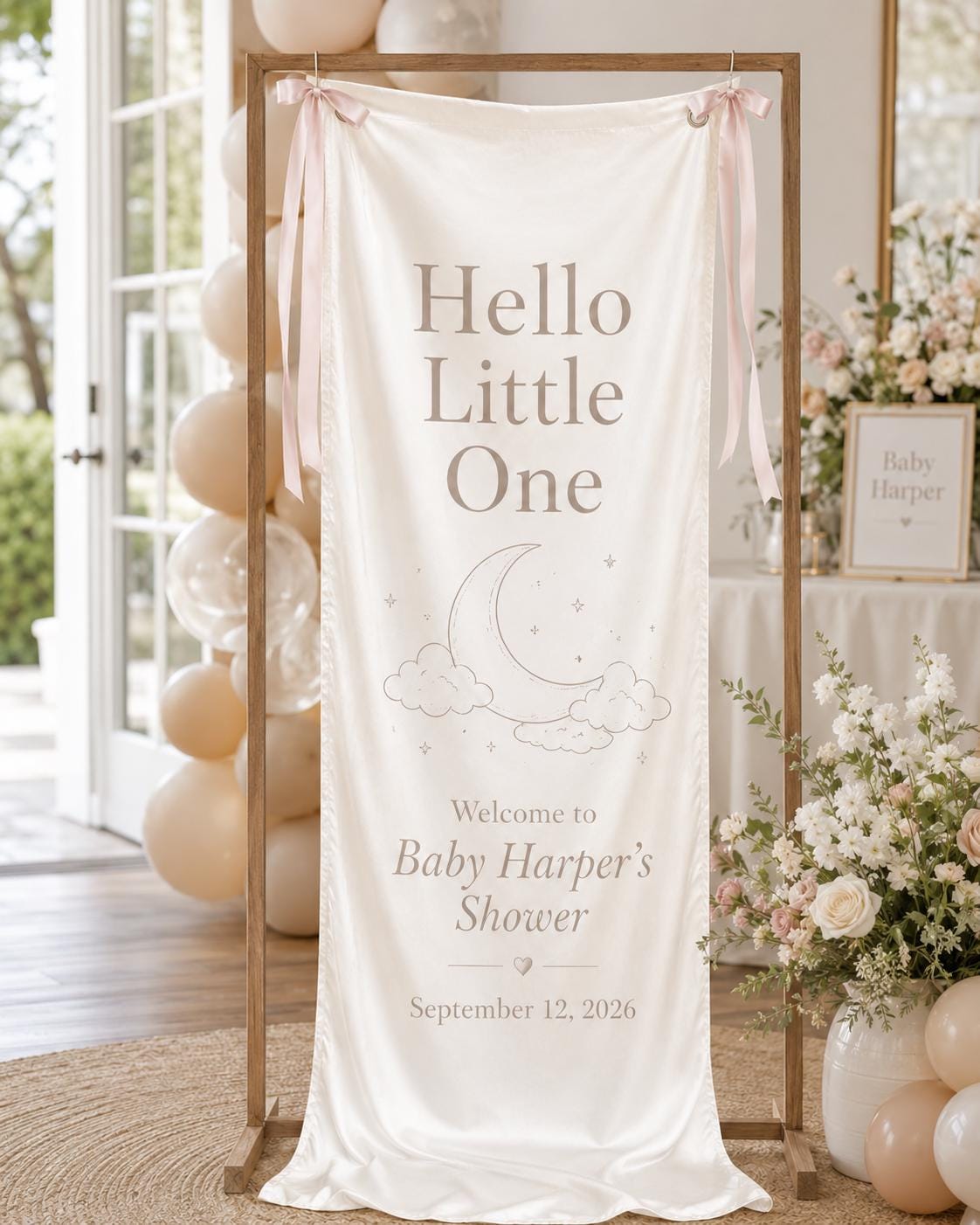 Satin Welcome Baby Shower Banner, Personalized Neutral Decor, Moon Clouds Sign - product image 6