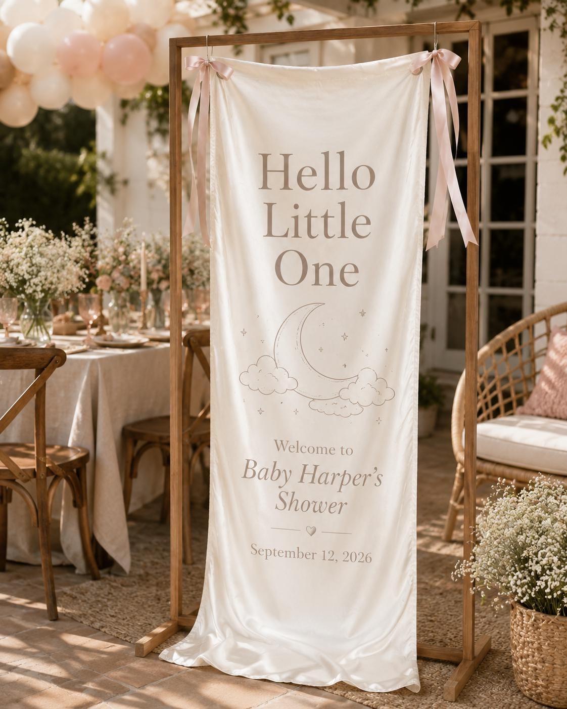 Satin Welcome Baby Shower Banner, Personalized Neutral Decor, Moon Clouds Sign - product image 8