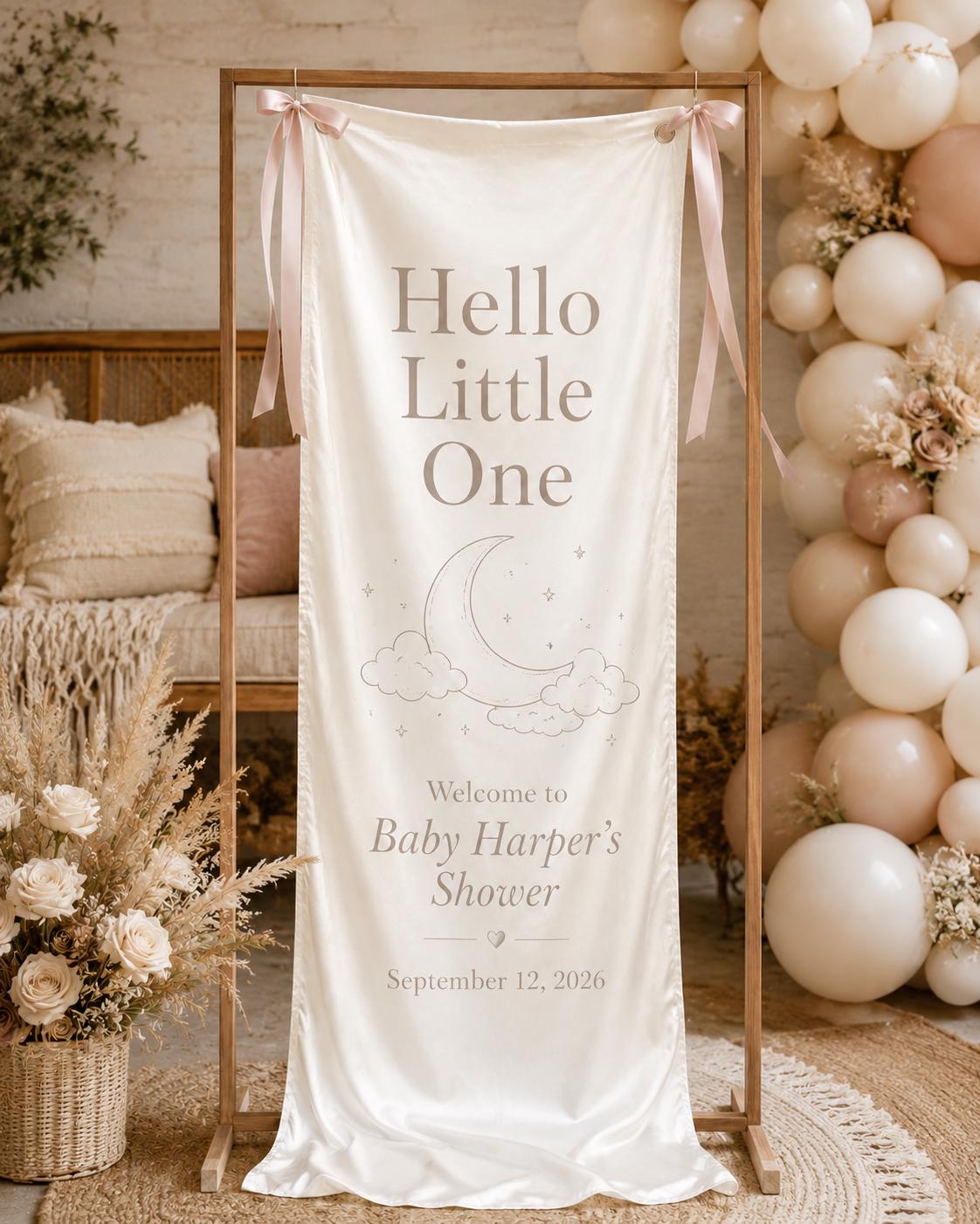 Satin Welcome Baby Shower Banner, Personalized Neutral Decor, Moon Clouds Sign - product image 7