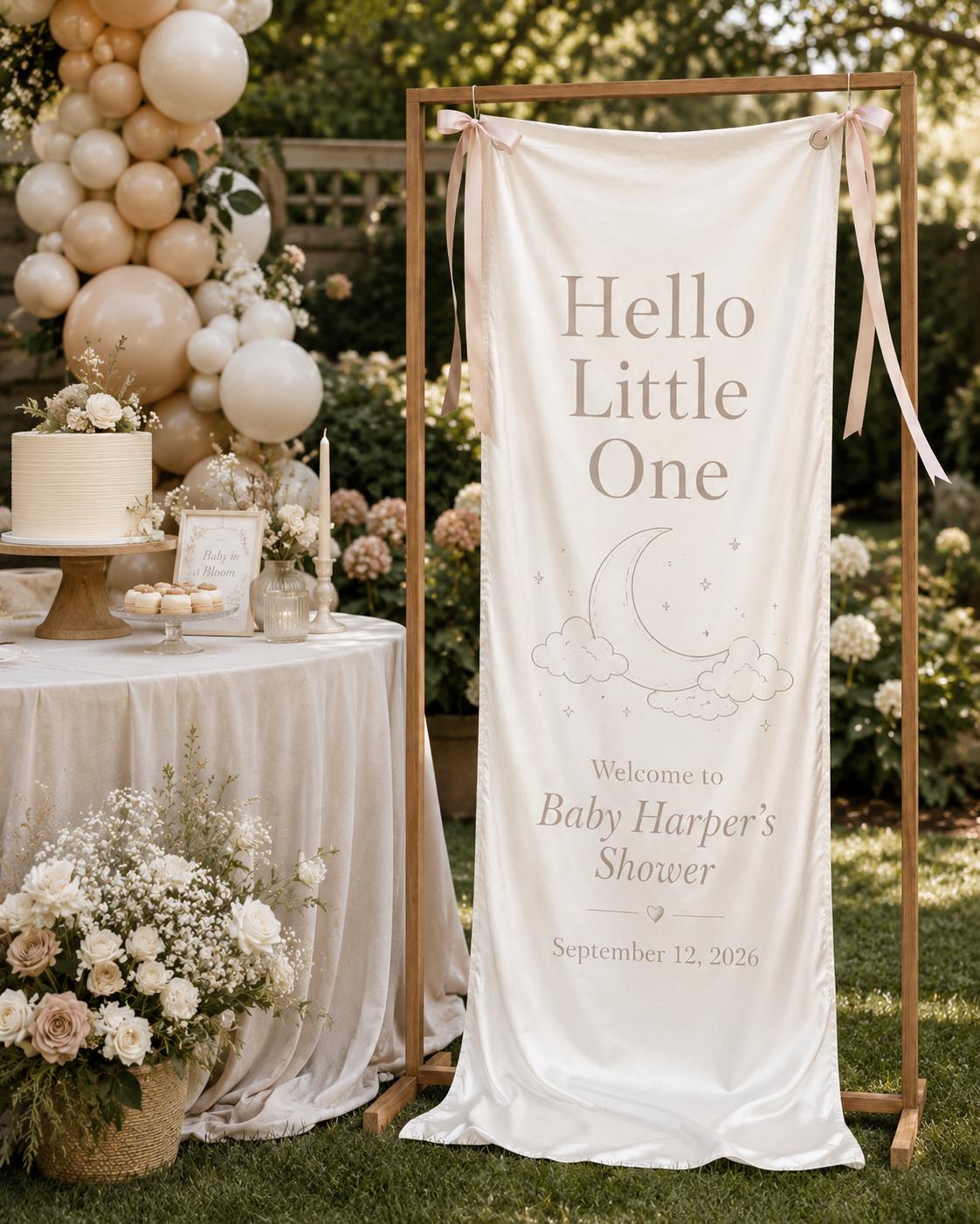 Satin Welcome Baby Shower Banner, Personalized Neutral Decor, Moon Clouds Sign - product image 9