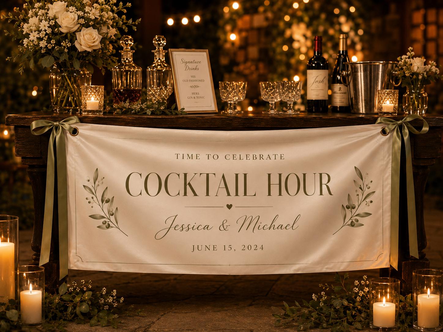 Cocktail Hour Wedding Banner, Custom Fabric Bar Sign, Personalized Satin Reception Banner - product image 8