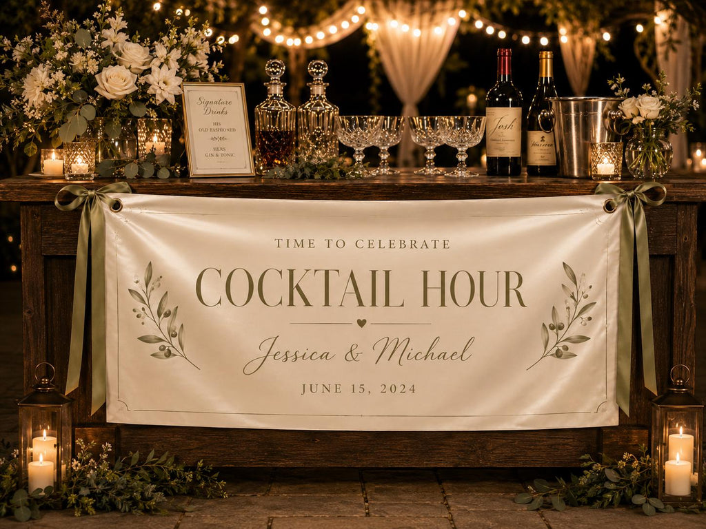 Cocktail Hour Wedding Banner, Custom Fabric Bar Sign, Personalized Satin Reception Banner - product image 5