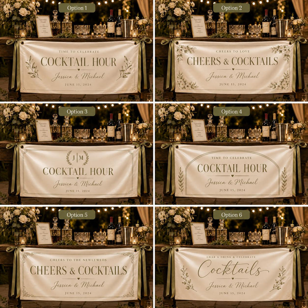 Cocktail Hour Wedding Banner, Custom Fabric Bar Sign, Personalized Satin Reception Banner - product image 3